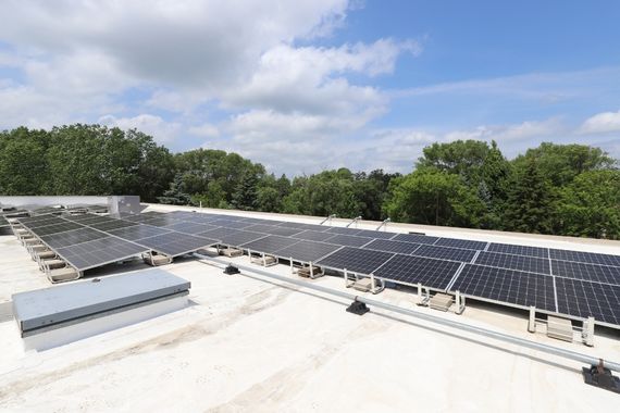 A number of solar panels span across a white roof. The tops of trees and a blue sky appear in background.