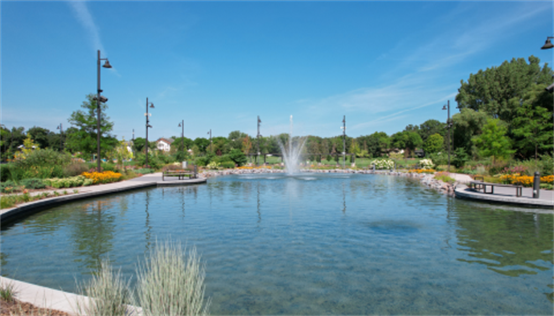 A summer day outside featuring the Commons Park fountain and pond.